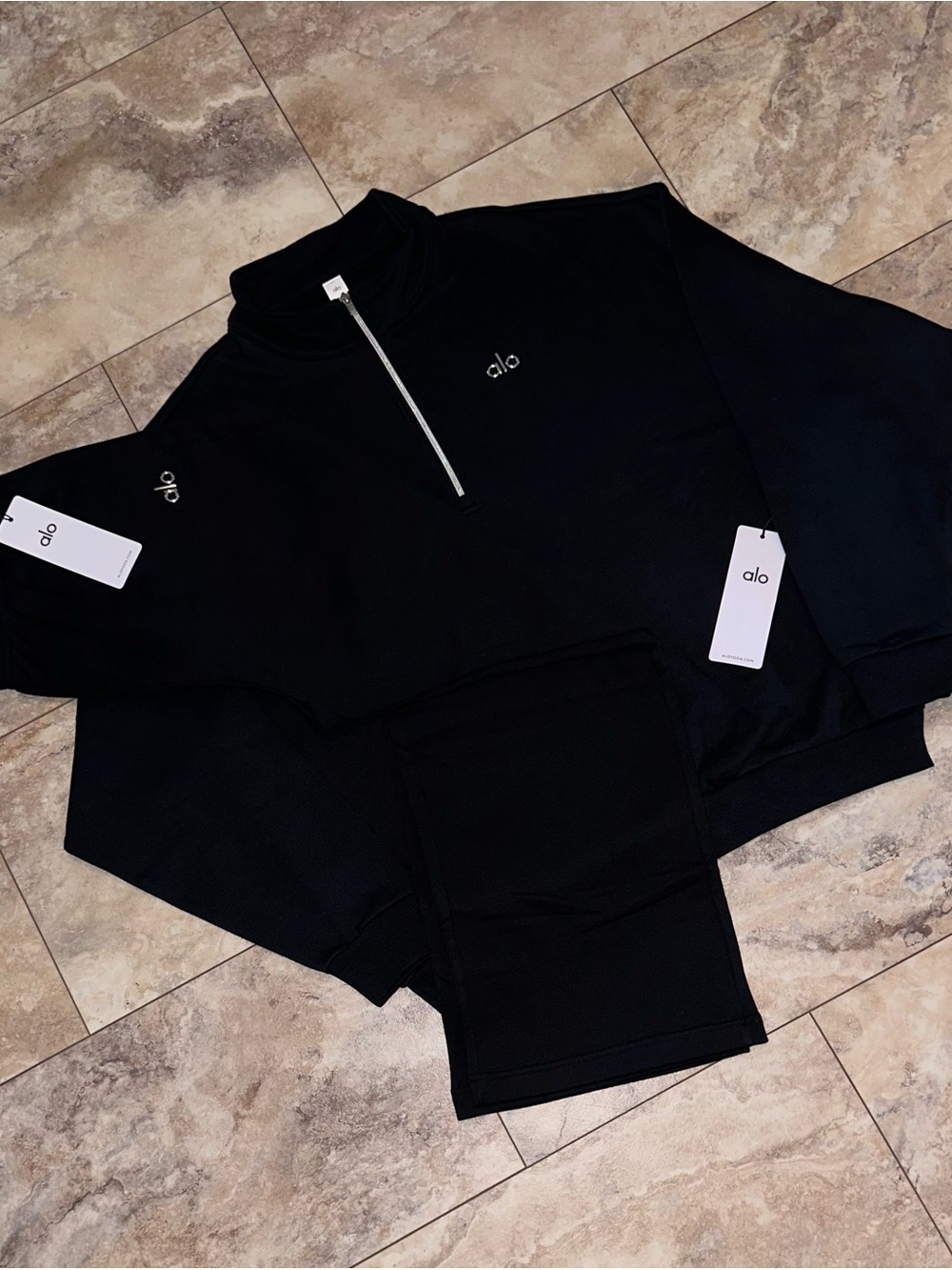 Alo Yoga Accolade 1/4 Zip & Straight Leg Sweatpants Set Black Size Large